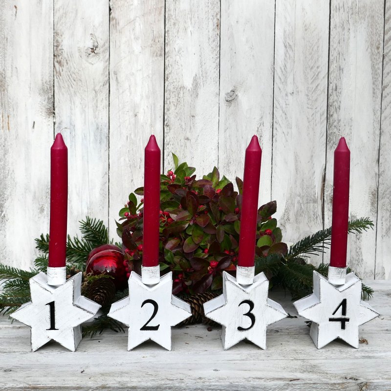 Weihnachts-Sterne als Kerzenständer weiß mit Adventszahlen den 1-4